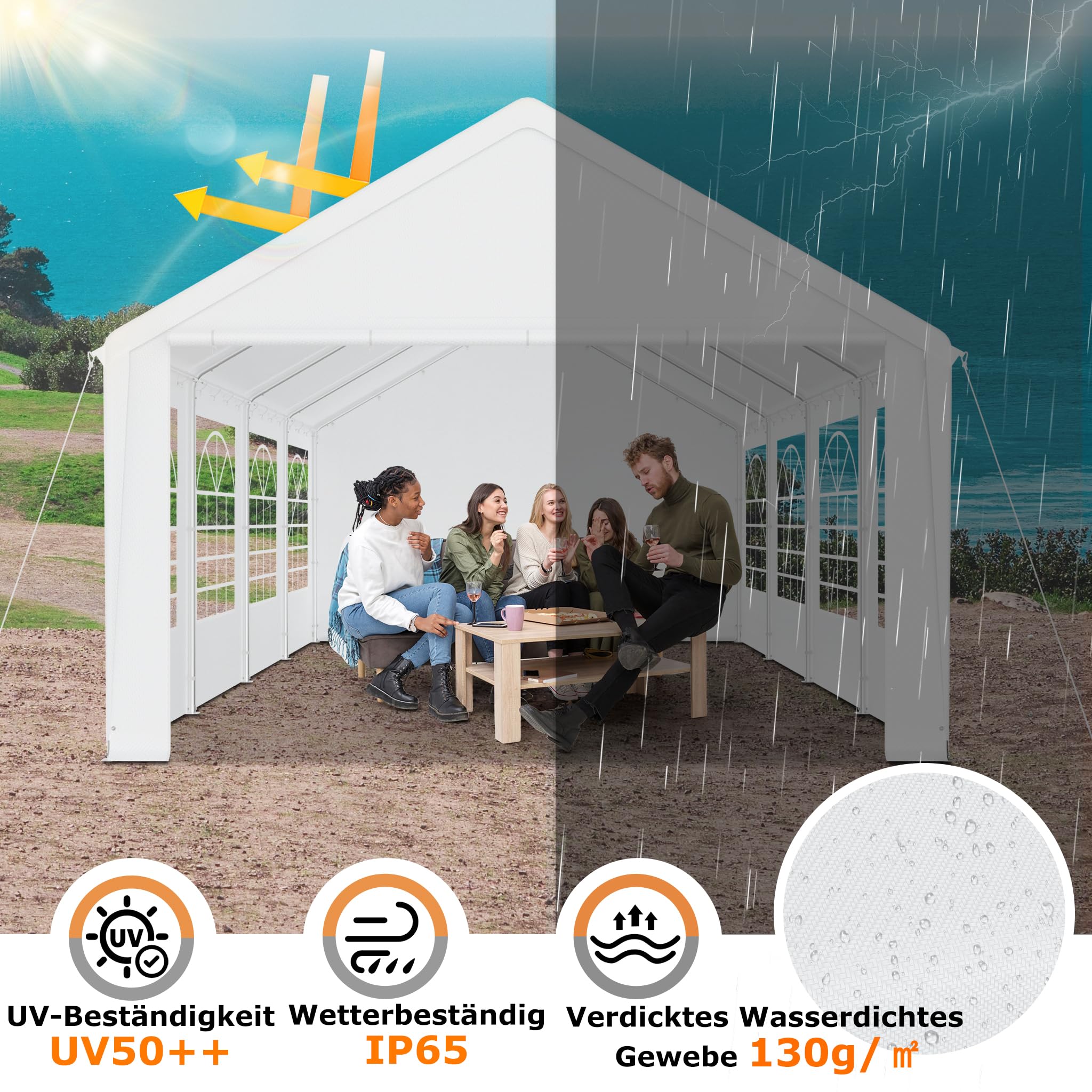 YRHome Namiot imprezowy premium 4 x 8 m z częściami bocznymi, wodoszczelny, stabilny, odporny na warunki zimowe, okna w ścianach bocznych, namiot ogrodowy, duży namiot, namiot kompaktowy, zadaszenie z
