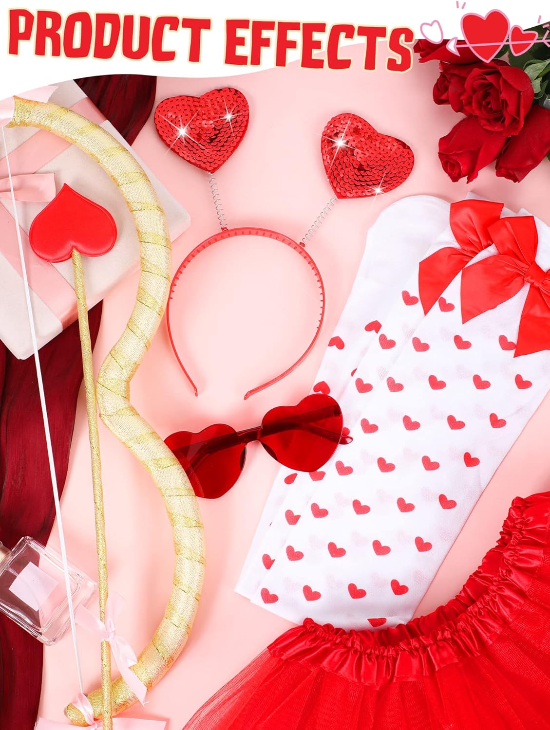 Zhanmai 6 Pcs Valentine's Day Cupid Accessory Kit Women Valentine's Day Red Cupid Costume Bow and Arrow Tutu Skirt Heart Headband Thigh High Stockings Sunglasses - Image 7
