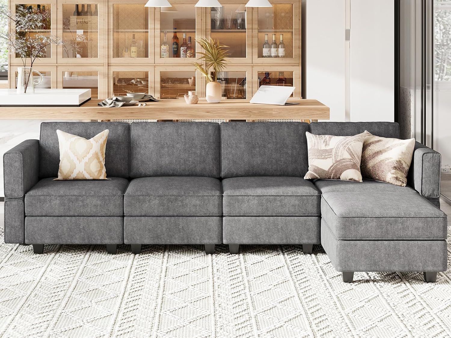 Belffin Modular Sectional Sofa with Chaise Convertible L Shaped Couch with Sotrage Ottoman. Dark Grey Couch