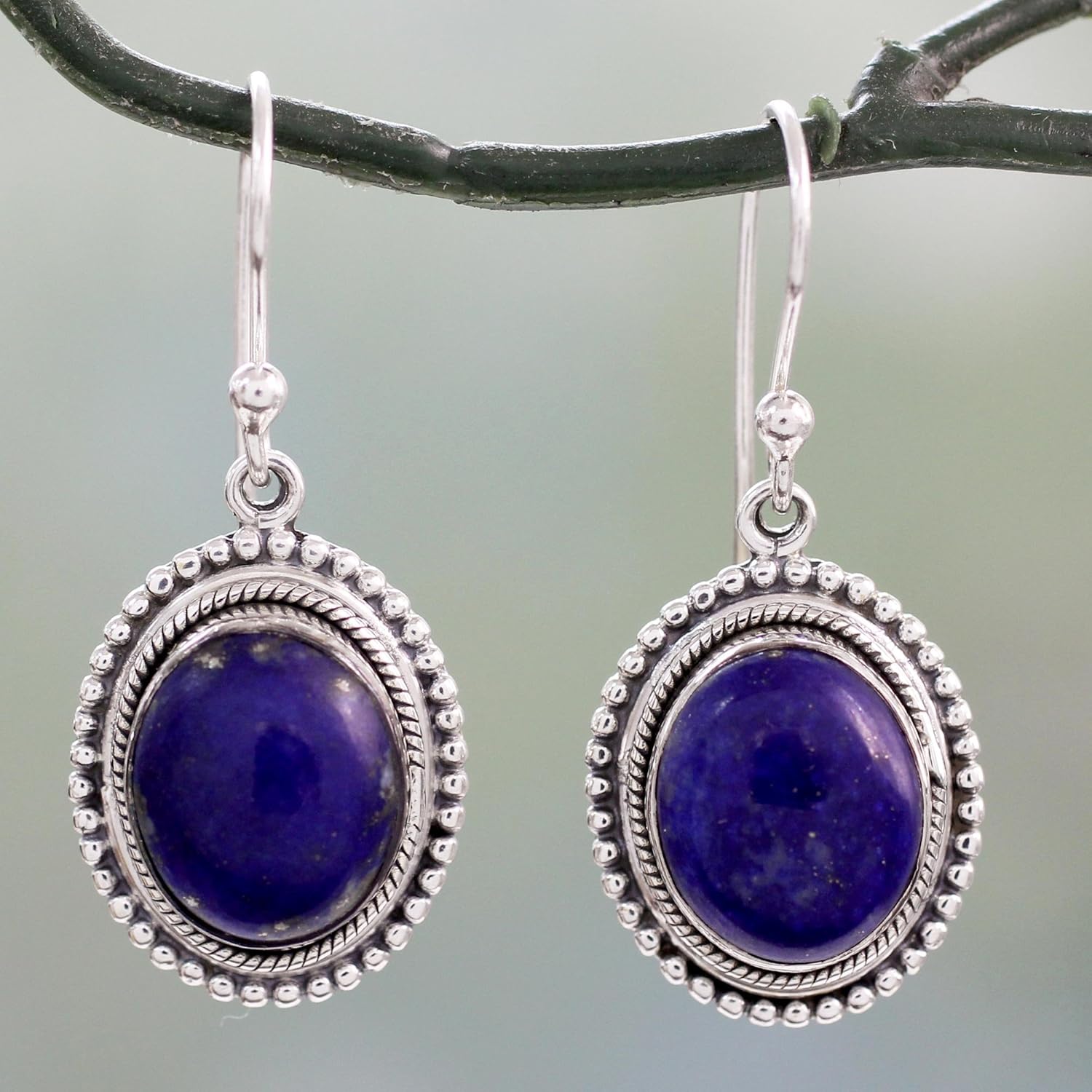 NOVICA Artisan Handmade Lapis Lazuli Dangle Earrings on Artisan Crafted 925 Silver Hook Sterling Blue India Snorkel Birthstone [1.4 in L x 0.6 in W x 0.3 in D] ' True Clarity'