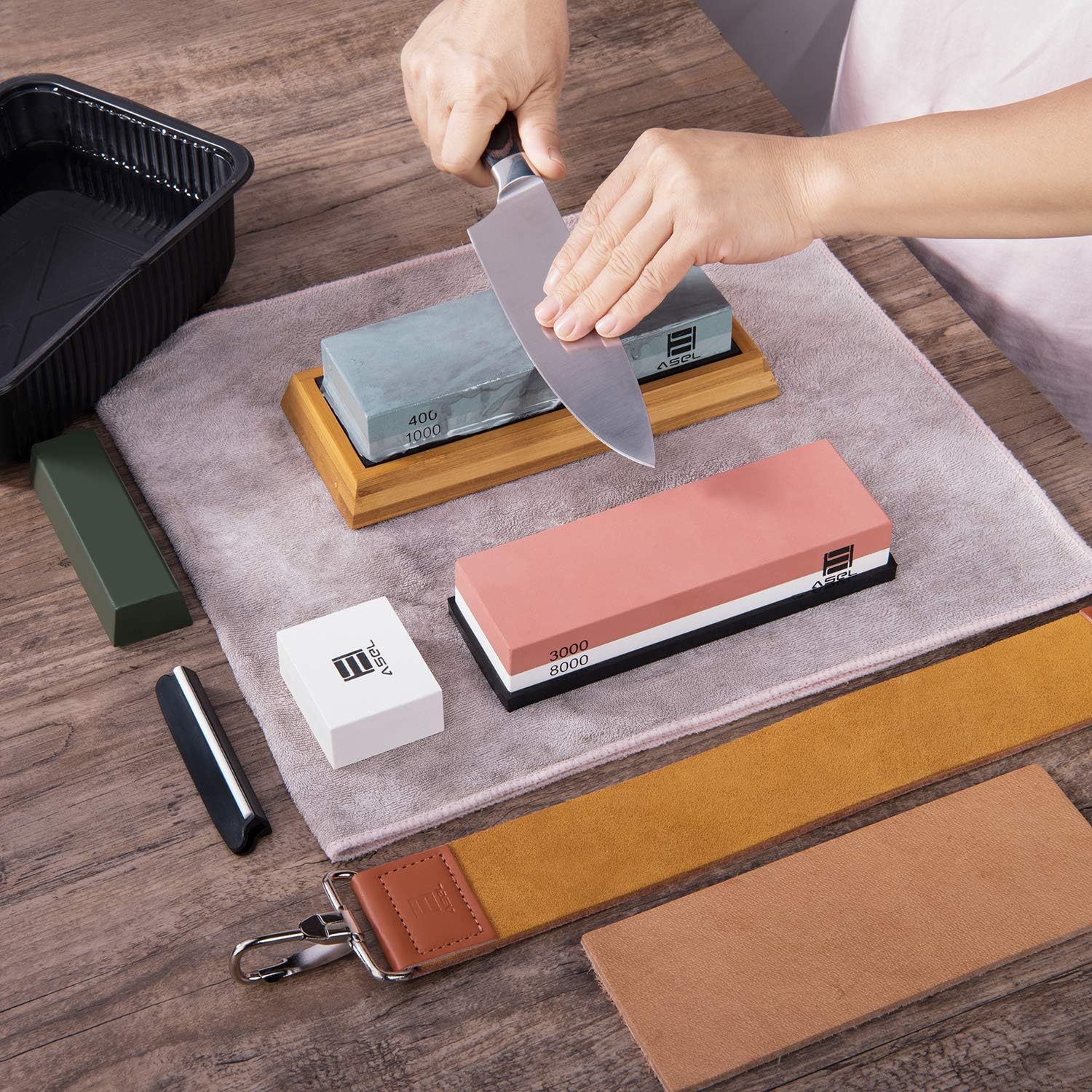 Promo 40% OFF Knife Sharpening Stone Kit, AASELM Professional Whetstone Sharpener Set, 2 in 1 Grit 400/1000 3000/8000, Bamboo Base, Flattening Stone, Polishing Compound, Leather Honing Strop and Leather Razor Strop
