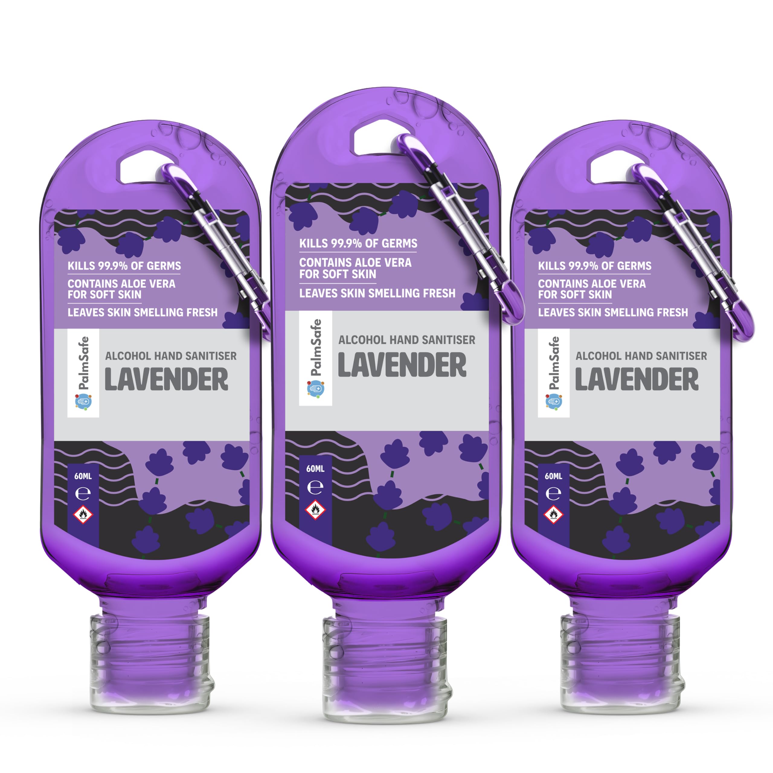 Lavender 3 Pack 60ml Anti Bacterial Premium Hand Sanitiser Travel Size Refillable Clip Bottle Quick Drying Non Sticky Extra Moisturising Kills 99.9% of Viruses and Bacteria