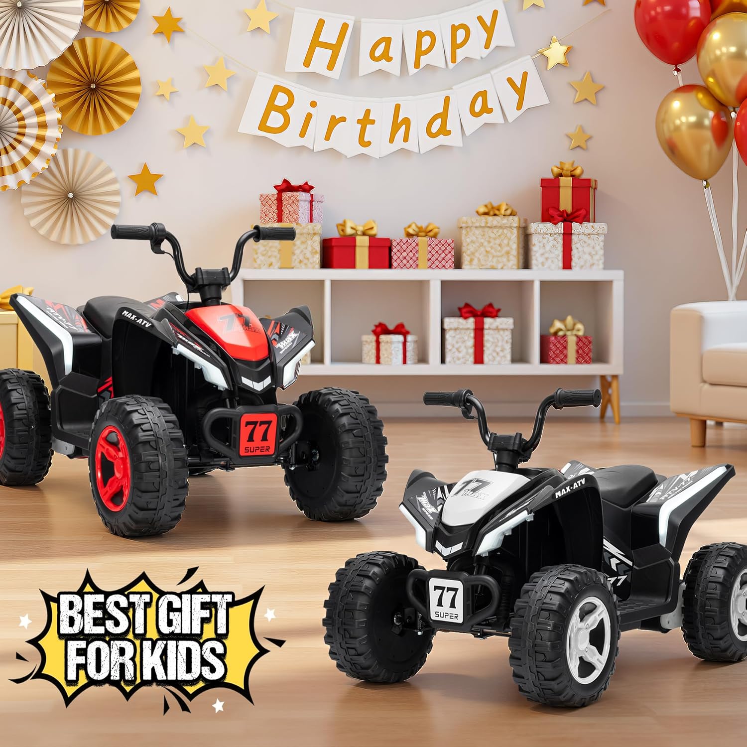 Kids ATV 4 Wheeler, Two Seater 24V Ride On Toy for Big Kid w/Unique LED Light, Music, Wireless, Story, 24 Volt Ride on Car Electric Quad for Boys Girls (White)