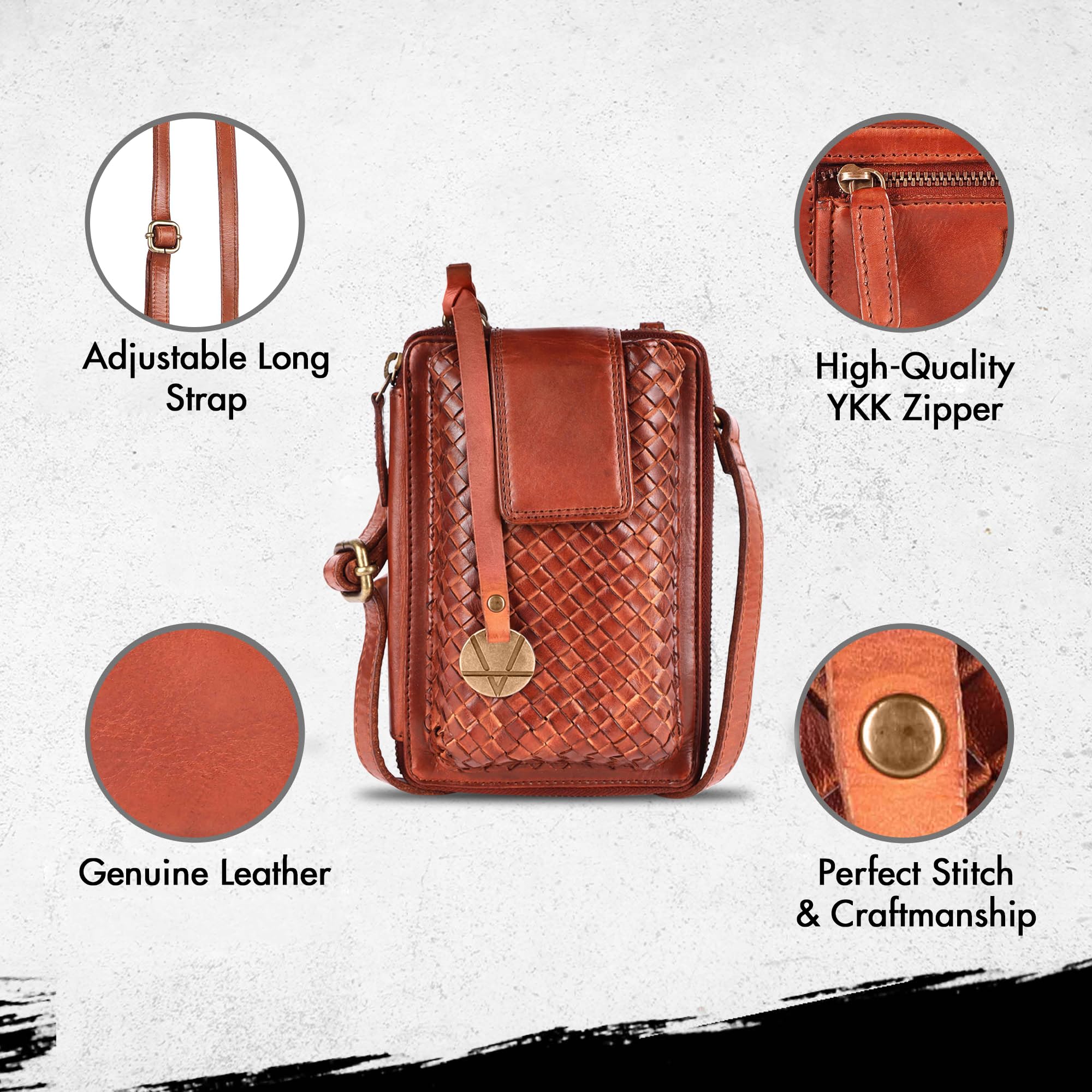 VILENCA HOLLAND Genuine Leather Small Crossbody Bags For Women Cell Phone Purse,Trendy Casual Travelling Bag With Adjustable & Detachable Strap(VL-375-Cognac)