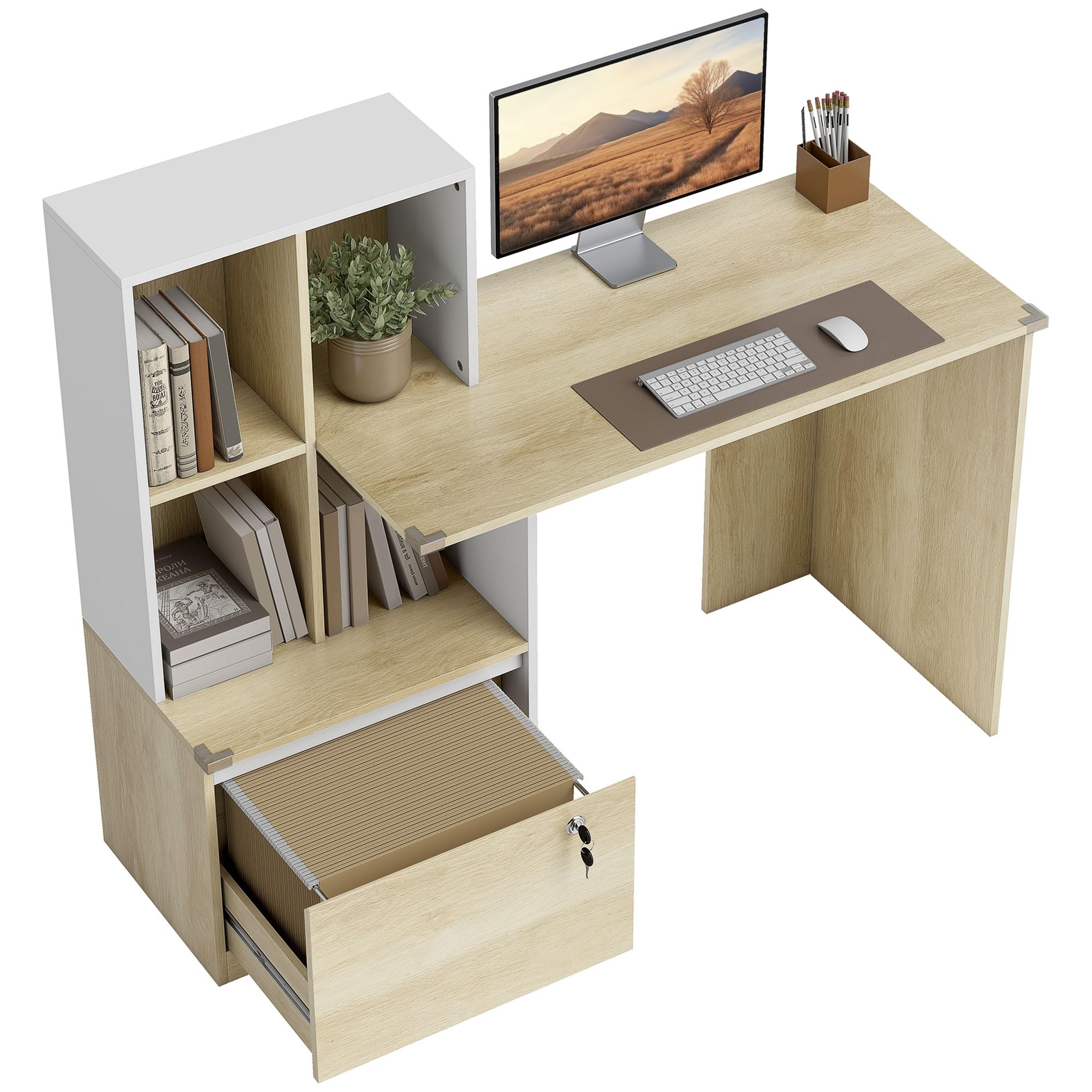 HOMCOM Bureau d'Ordinateur avec Bibliothèque, 4 Compartiments et Tiroir Verrouillable à Dossiers, Patins Anti-Collision, Table Informatique pour Chambre, Salle d'Étude, 126x50x109cm, Chêne et Blanc
