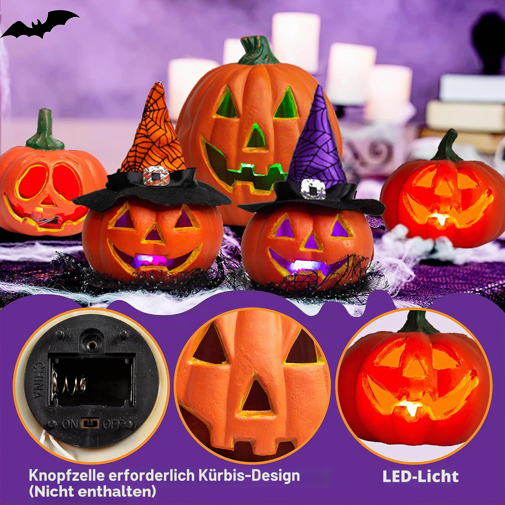 JOYIN 5 Stück Leuchtende Halloween Kürbis Deko, LED-Licht Dekorationen für drinnen und draußen, Halloween Tischdeko aus Kunststoff für Halloween-Partys, Gastgeschenke