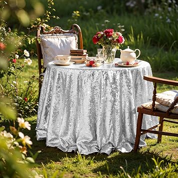 Trlyc Round Sequin Tablecloth - 70" Silver Giltter Sequin Taclecloth Sparkly Table Cover for Birthday Wedding Banquet Thanksgiving Day Home Party Decor
