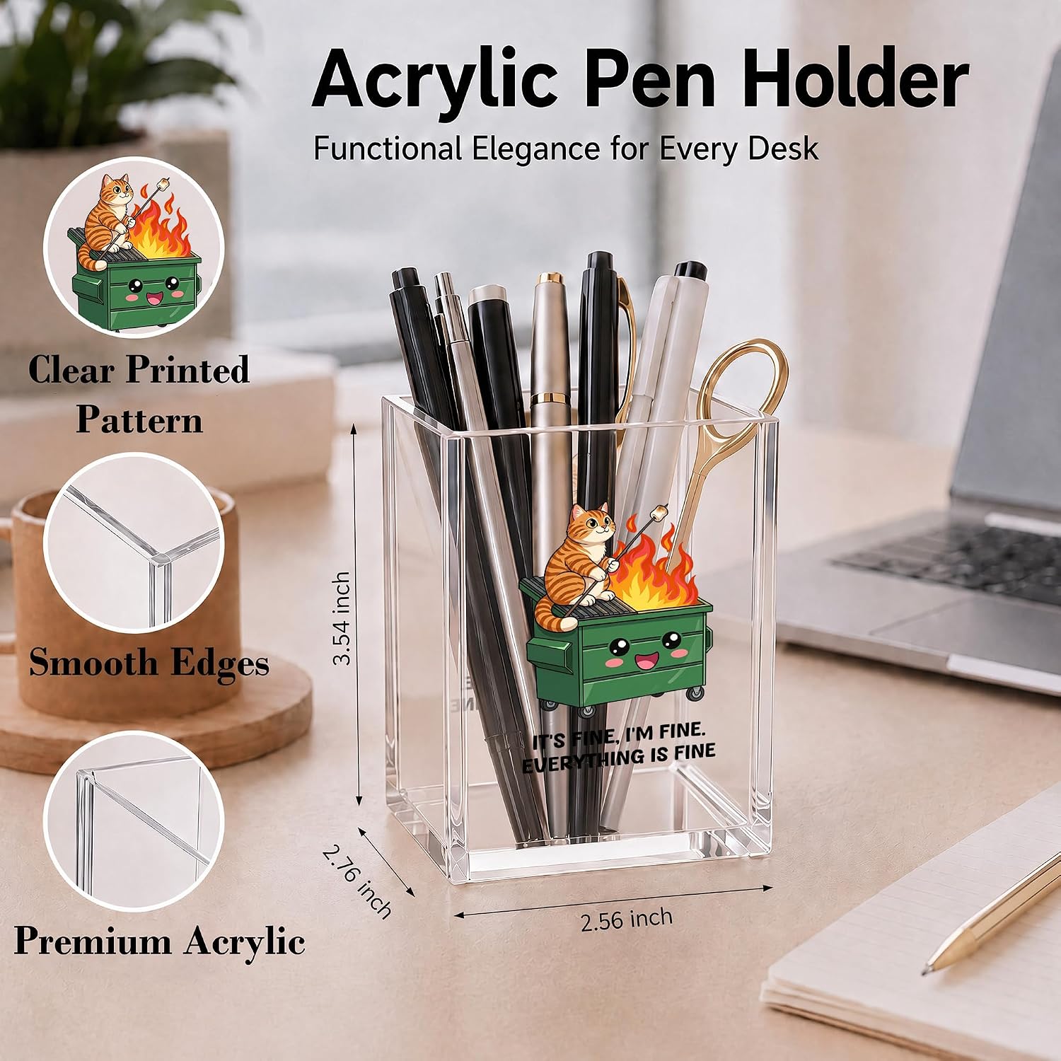 Funny Cat Dumpster Fire Office Acrylic Pencil Pen Holder Cup-It's Fine I'm Fine Everything Is Fine Cute Desk Pen Organizer-Inspirational Gag Gifts Ideas Women Men-Coworker Cubicle Desk Decor-A-37 image 2
