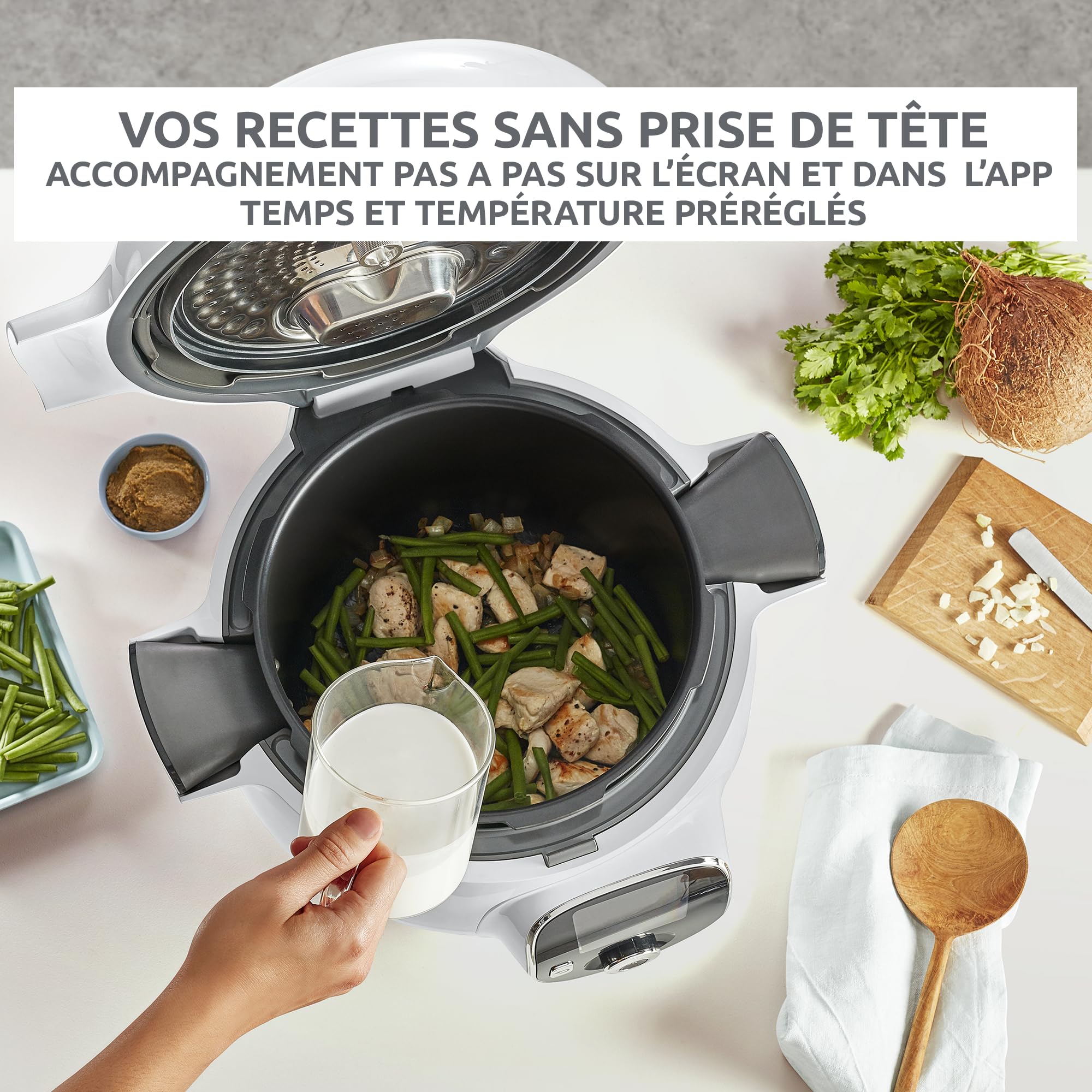 Moulinex, Cookeo Multicuiseur intelligent 6L, 80 recettes intégrées, Cuisson sans surveillance, Ecran intuitif, Guide de cuisson, Application MyMoulinex, 1600W, Blanc, 15 ans réparabilité CE854110