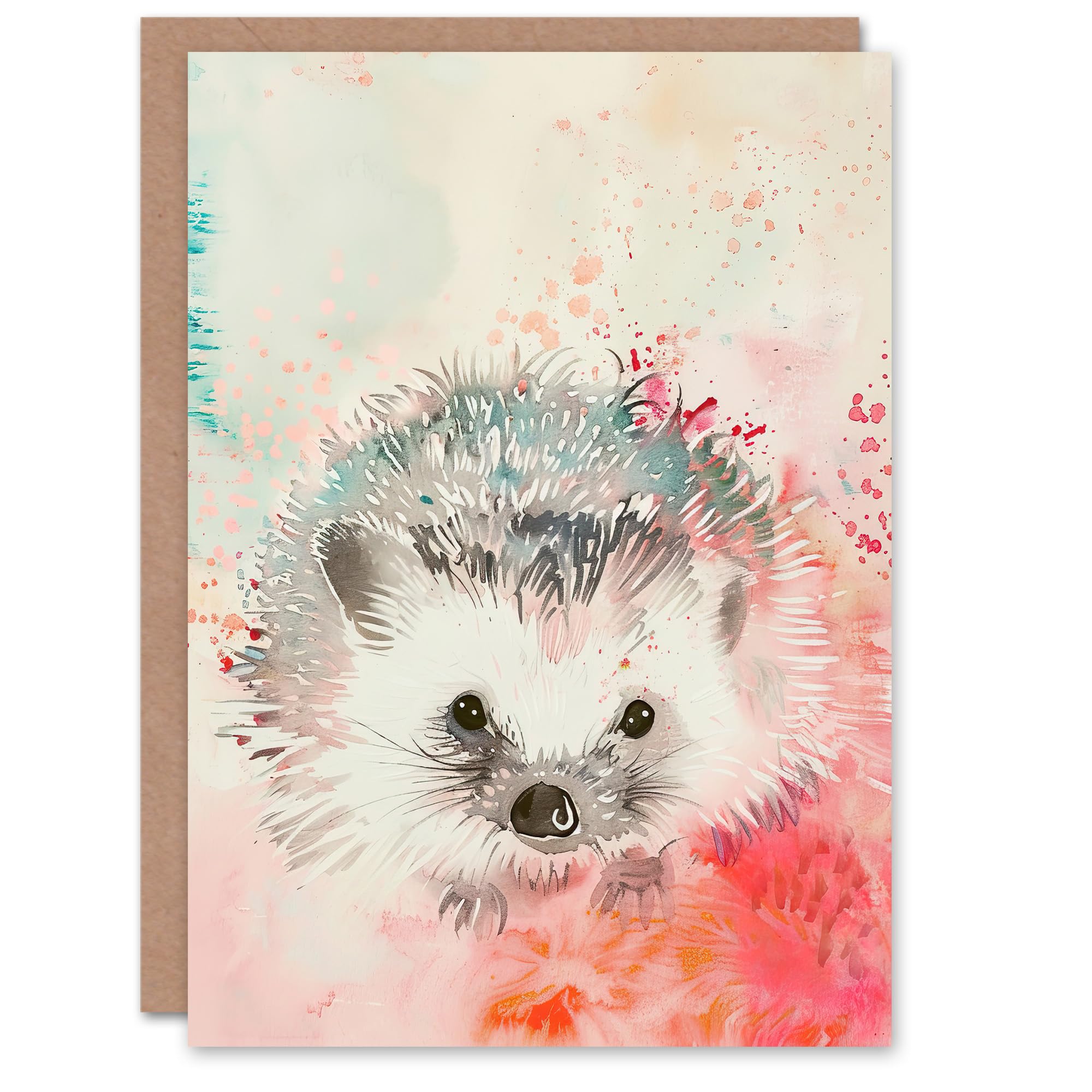 Artery8 Greeting Card Adorable Watercolour Hedgehog Modern Light Pink Blank For All Him Or Her Art Birthday Card