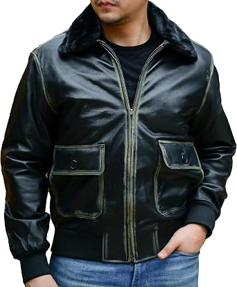 Jild Navy G-1 Real Leather Bomber Jacket Men with Removable Fur Collar - Vintage Flight Aviator Leather Jacket Men