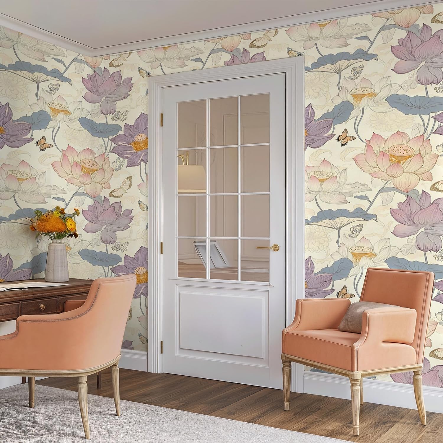 Peel and Stick Pink Moody Modern Wallpaper Removable Lotus Leaf Butterfly Floral 17.7" x 118.11" Wall Paper Watercolor Self Adhesive Contact Paper for Classroom Bedroom Laundry Room Bathroom