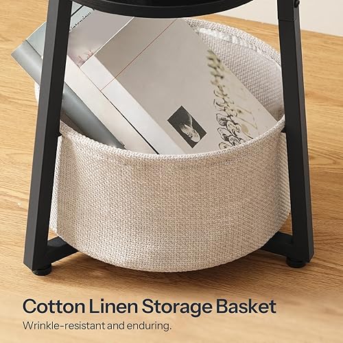 Miniatura 7 de HOOBRO Mesa auxiliar redonda pequeña con estación de carga, mesa auxiliar redonda con cesta de almacenamiento de tela, mesita de noche circular