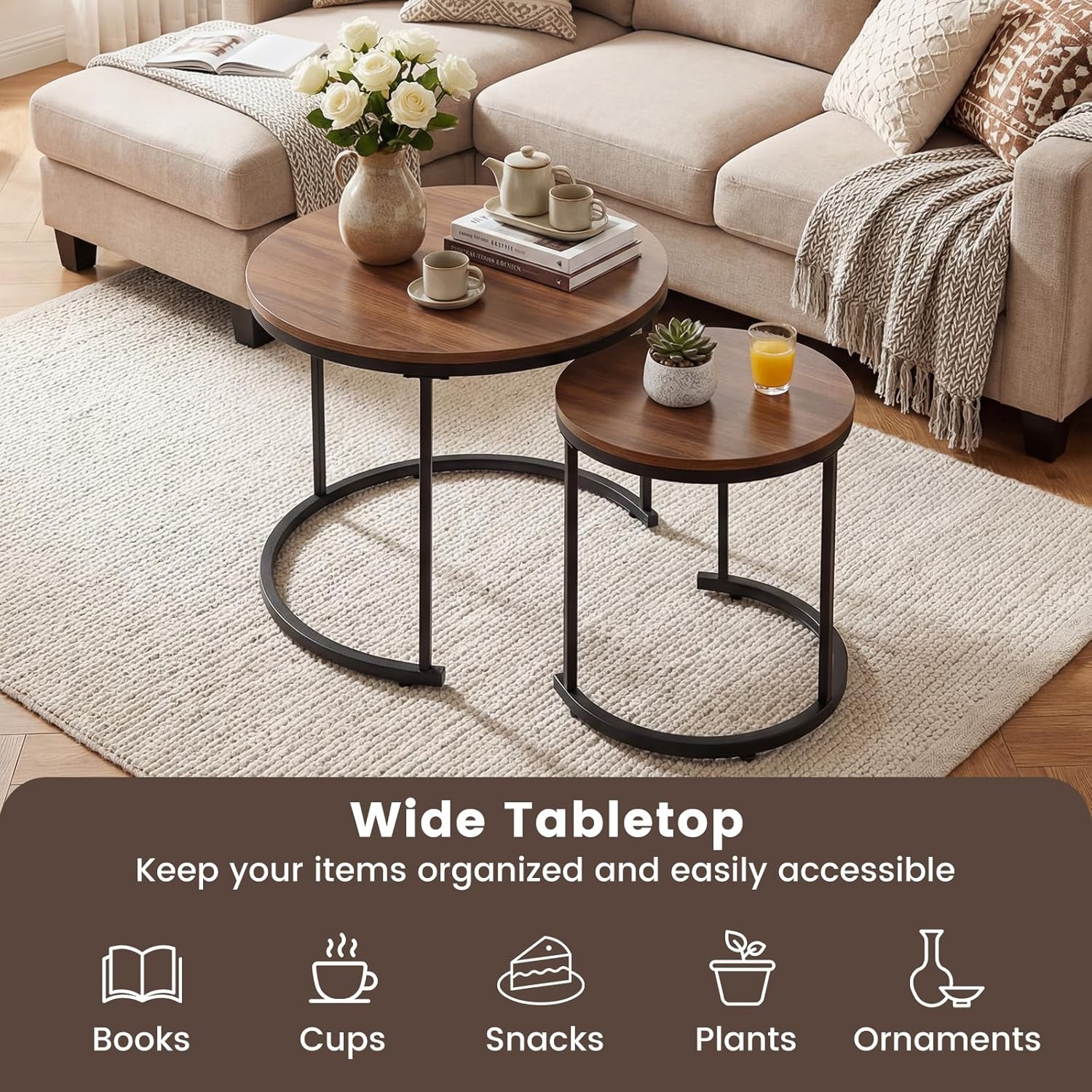 GOFLAME Nesting Coffee Tables Set of 2, Stacking Round Center Table with Wooden Tabletop & Powder Coated Steel Frame, Living Room Coffee End Table Set for Apartment, Bedroom (Brown & Black)