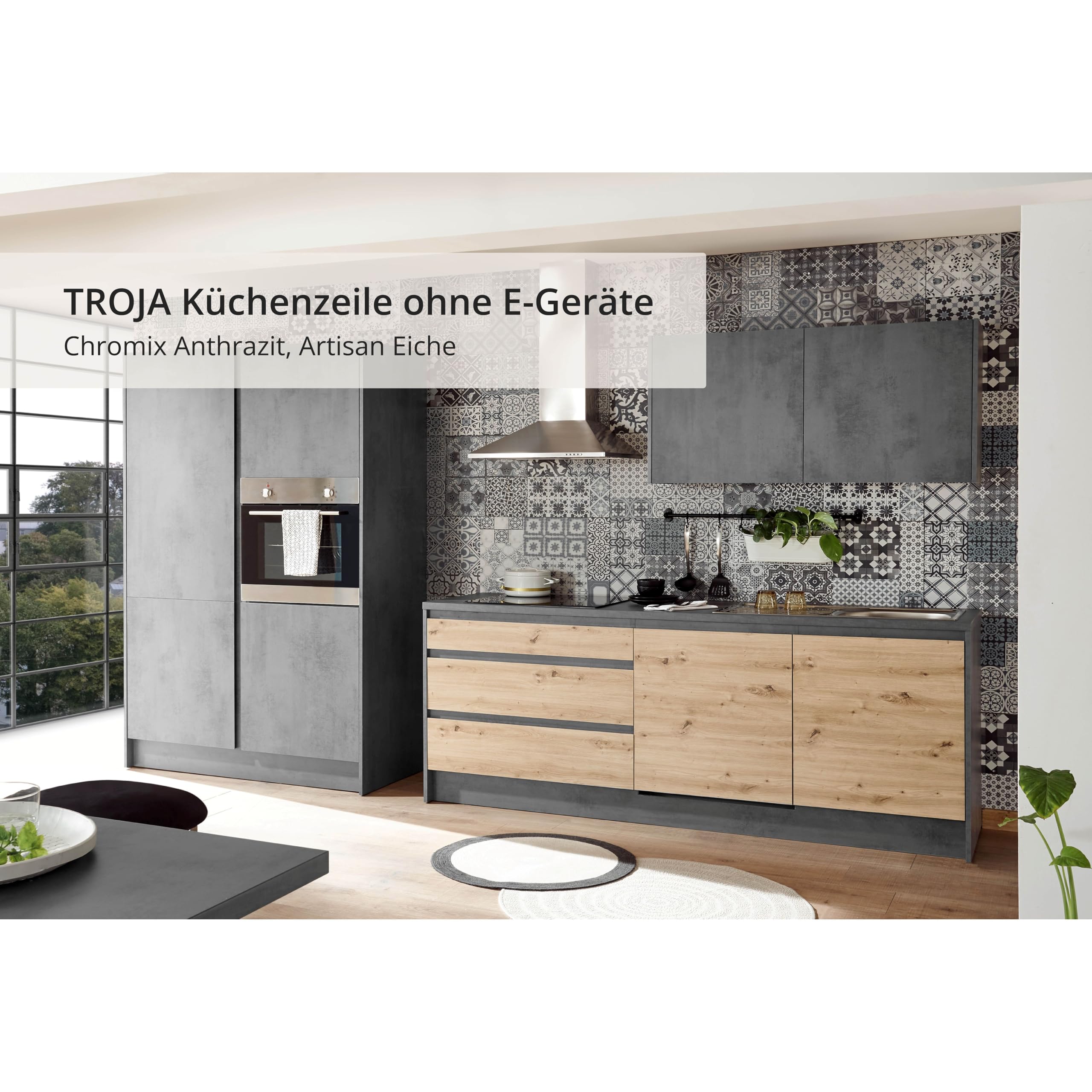 TROJA Moderne Küchenzeile ohne Elektrogeräte in Artisan Eiche Optik, Anthrazit - Geräumige Einbauküche mit viel Platz und Stauraum - 210 x 211 x 60 cm (B/H/T)
