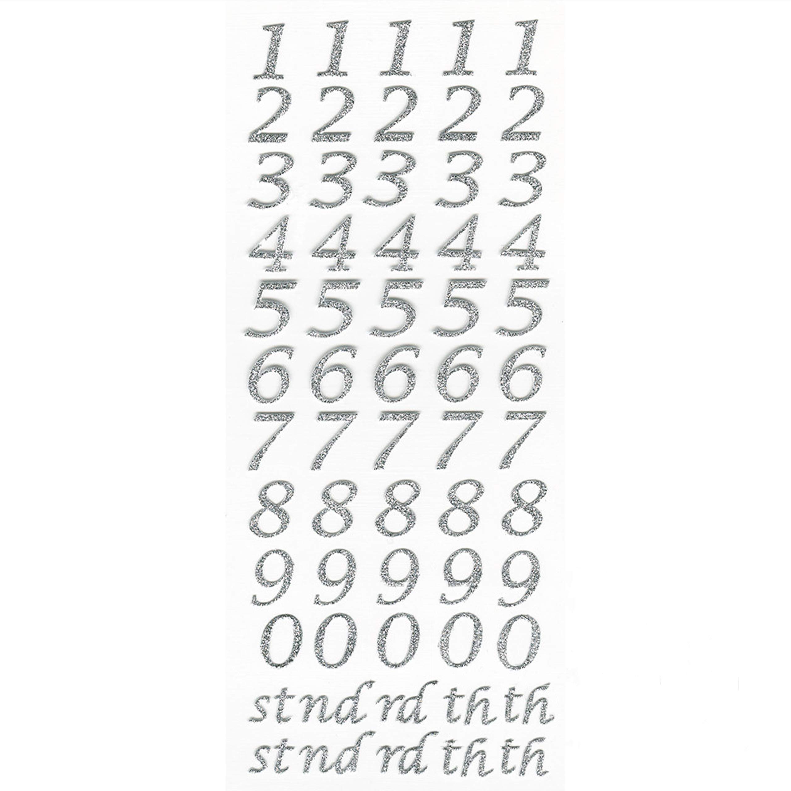 15mm Silver Glitter Script Number Stickers - Self Adhesive Birthday Card Embellishments