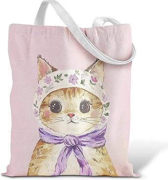 Wearing A Headscarf Cat Tote Bag, Pink Canvas Tote Bag, Canvas Bag Cat Gifts for Women Girls Shopping, Travel, Work & Daily Use