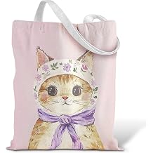 Wearing A Headscarf Cat Tote Bag, Pink Canvas Tote Bag, Canvas Bag Cat Gifts for Women Girls Shopping, Travel, Work & Daily Use