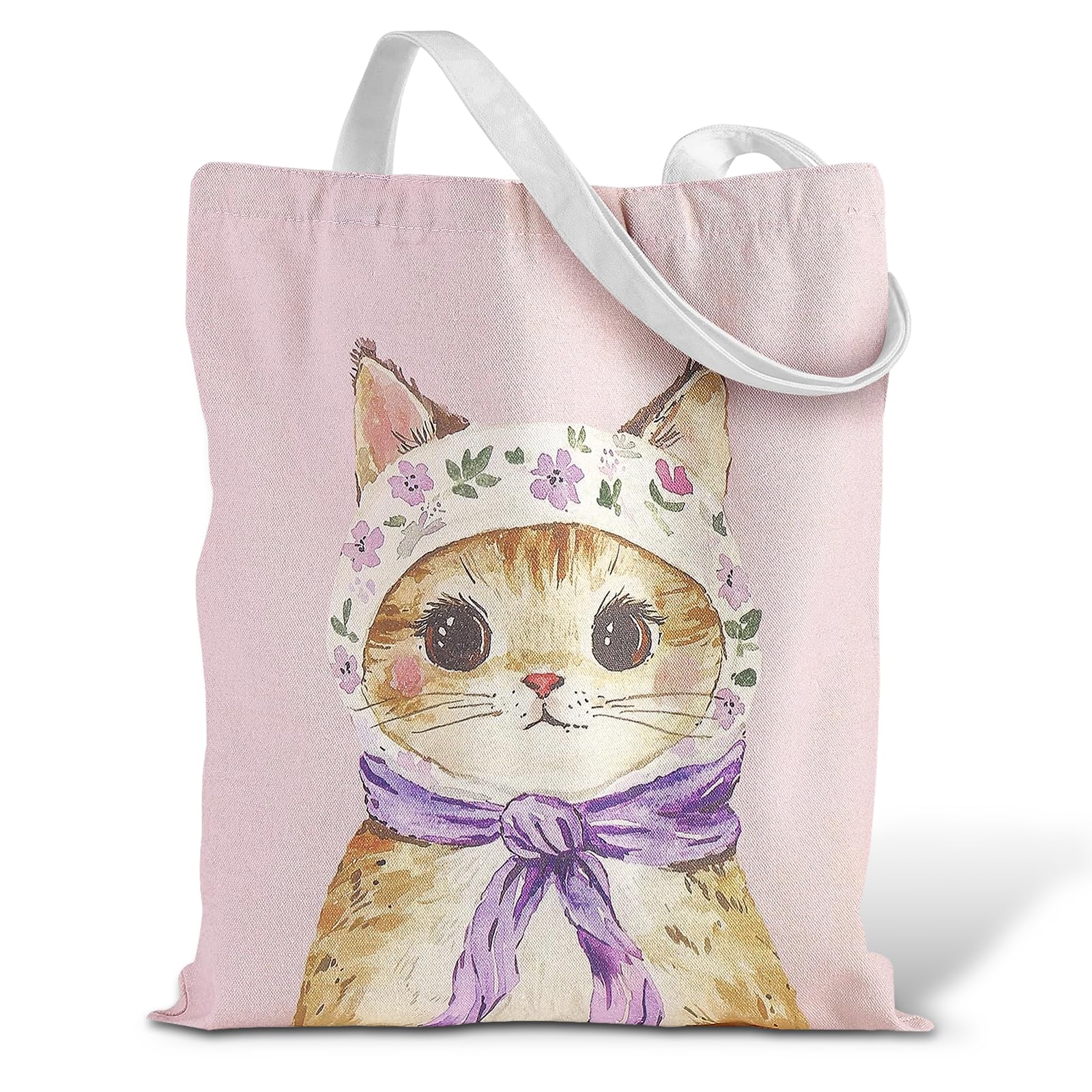 Fakcrkun Wearing A Headscarf Cat Tote Bag, Pink Canvas Tote Bag, Canvas Bag Cat Gifts for Women Girls Shopping, Travel, Work & Daily Use