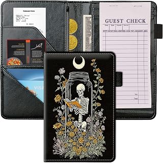 PU Leather Server Book for Waitress, Compact 8"×5" Waiter Wallet with Card, Cash, Receipt, Coin & Guest Check Pad Slots, Cute & Professional Organizer - Moonlit Skeleton