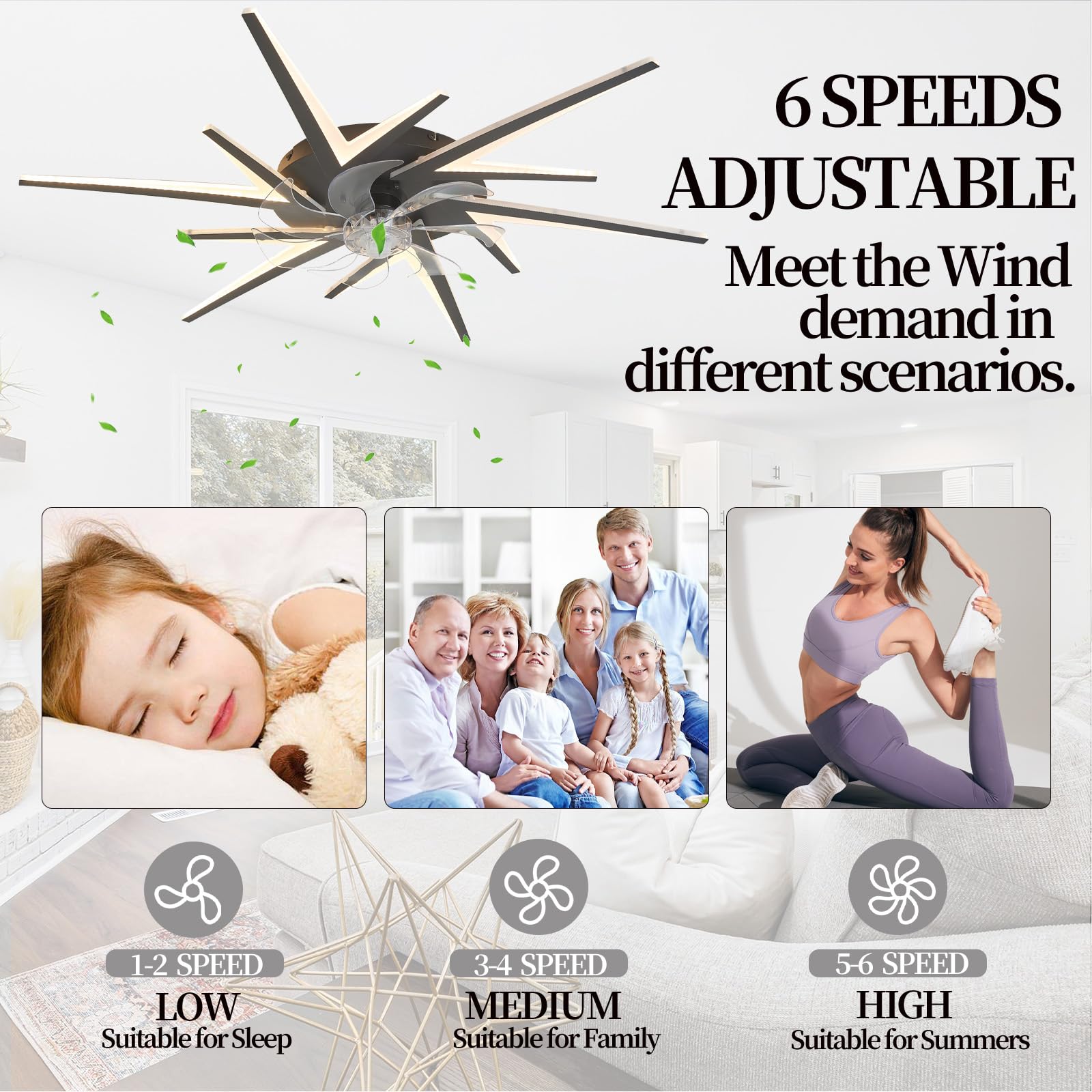 Ventilatore da soffitto moderno bianco da 92 cm con luci LED, controllo tramite app smart e telecomando, luce dimmerabile da 72 W, motore DC silenzioso a 6 velocità, ventilatore reversibile per camer