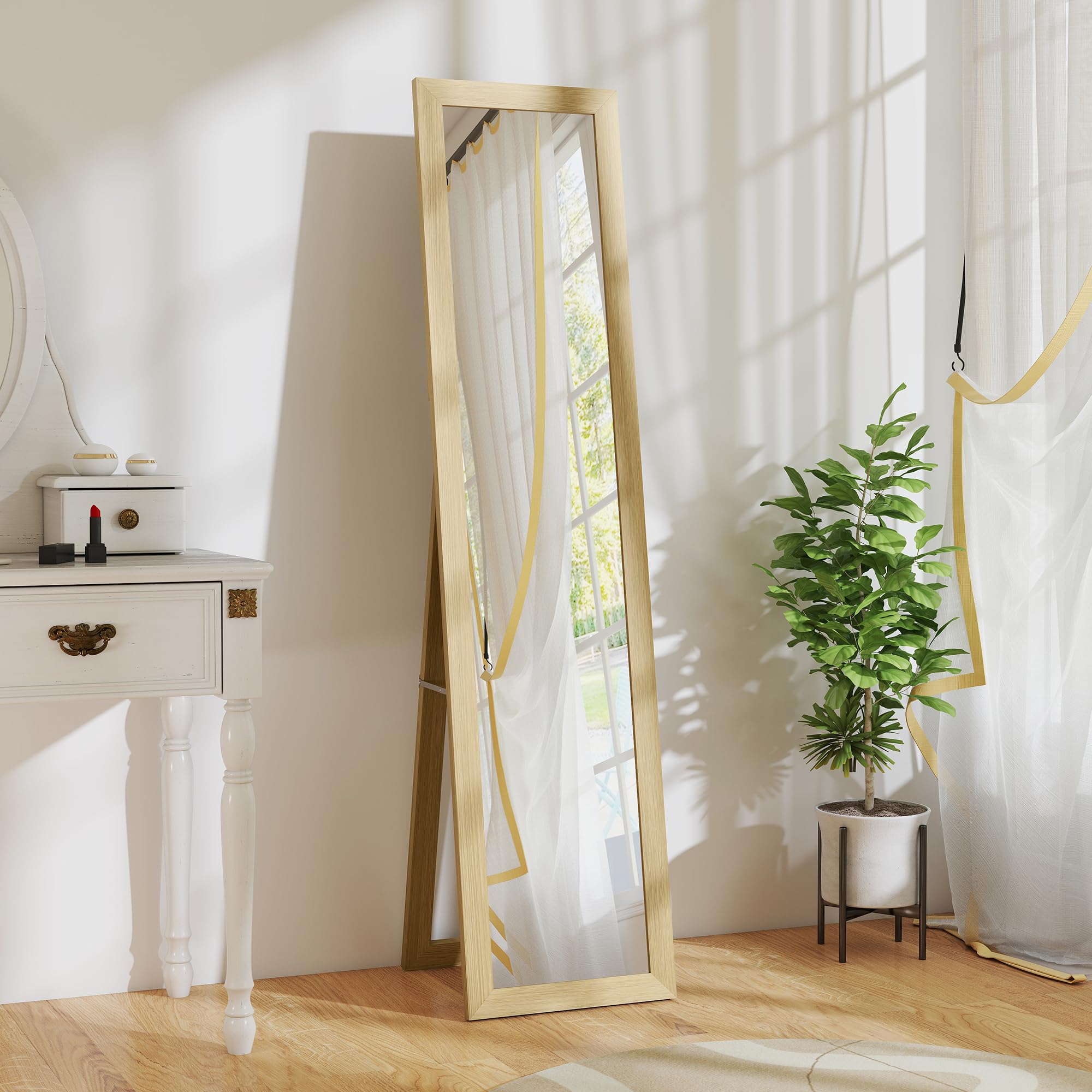 HOMCOM Miroir sur Pied Complet avec Support - Miroir Mural autoportant avec Aspect Bois - Miroir de Dressing - pour Chambre à Coucher, Couloir - Chêne - 37 x 157 cm