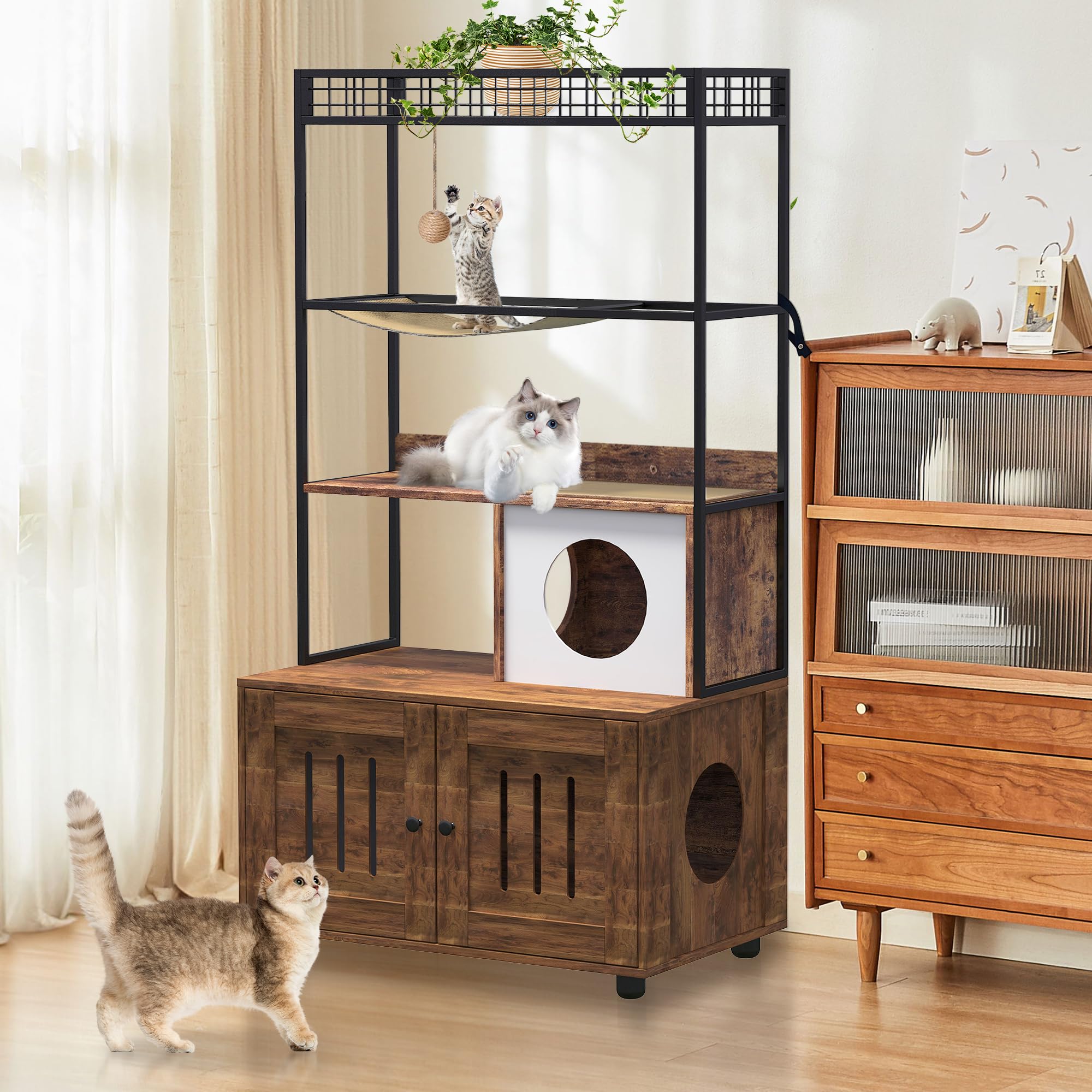 GarveeHome Cat Tree with Litter Box Enclosure, Large Wood Cats Cabinet with Storage Shelf, Condo, Hammock and Play Ball, All-in-one Corner Dog Proof Cat Bed Furniture, Retro Brown, With shelf