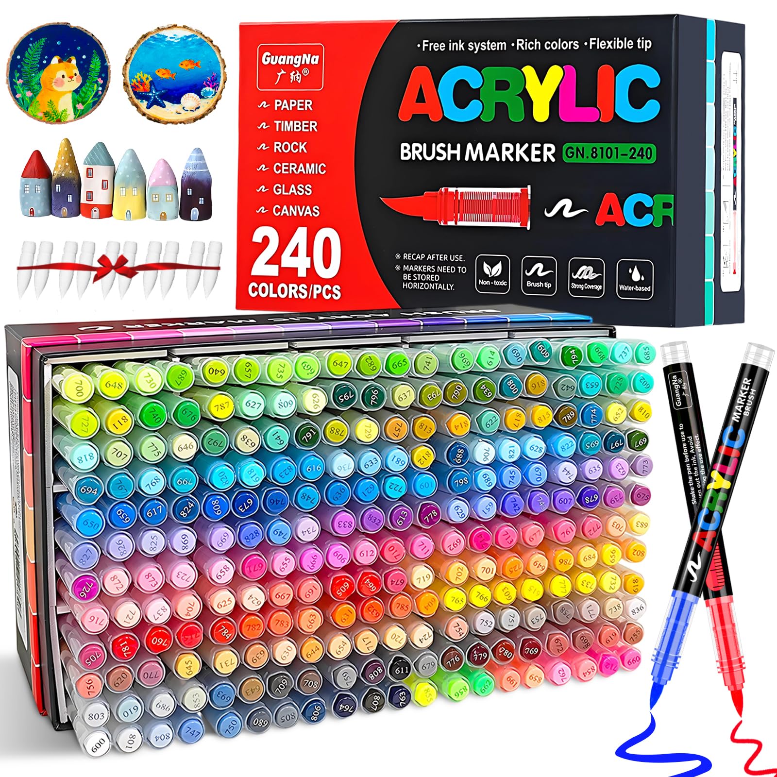 Vakki 200 Acrylstifte für steine wasserfest, Pinselspitze Acrylmarker, Acrylic marker Acrylmarker Set Perfekt für Steine Bemalen, Glas, Holz, Keramik, Metall & Leinwand