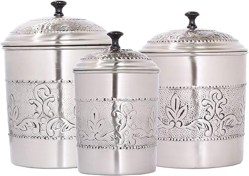 nu steel Antique Pewter Embossed Stainless Steel 3pc Canister Set, Beautiful Food Storage Container for Kitchen Counter, Tea, Sugar, Coffee, Caddy, Flour Canister with Rubber seal lid, TG-411-SET3
