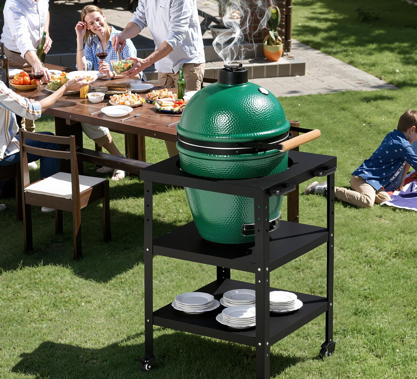 Grill Table for Large Big Green Egg, Modular Nest Frame Grill Stand with Wheel and Hook, Family Outdoor Cooking Rack for Barbecue, Compatible with M/L Model Big Green Eggs