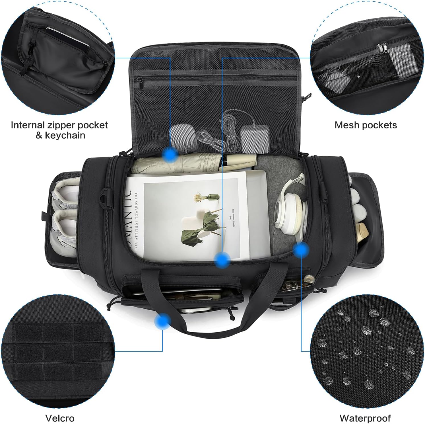 3 in 1 Tactical Travel Duffle Bag Backpack for Men Women 40-45L Expandable Gym Bag & Sport Duffel Bags for Travel with Shoe Compartment & Wet Pocket, Weekend Overnight bag for Caming, Black