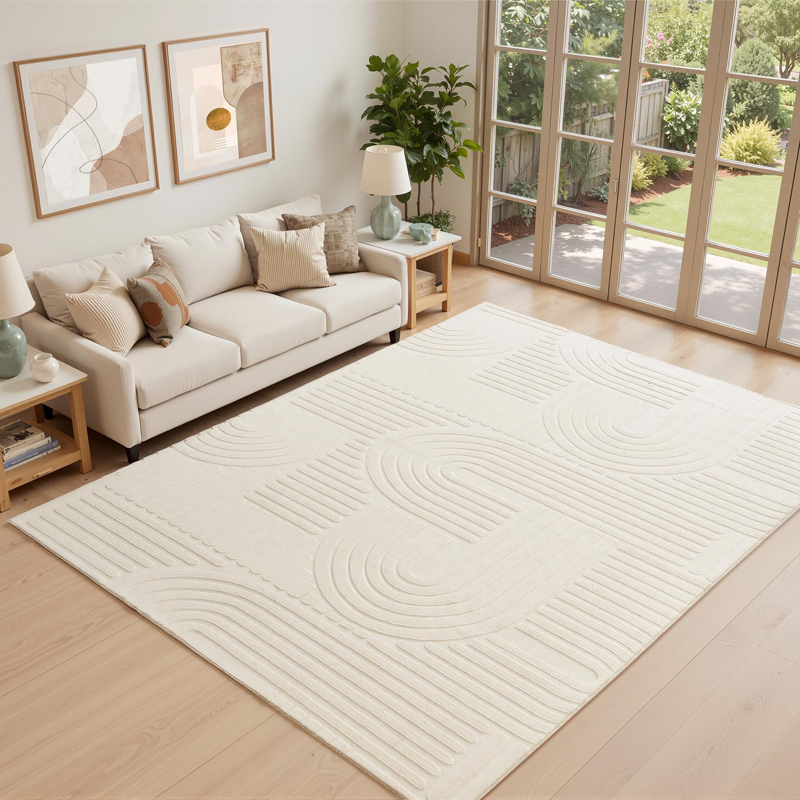 Topfinel Modern Wohnzimmer Teppich Weiß 200x290 Wellen 3D-Effekt Waschbarer Kurzflor Groß Weich Flauschig Antirutsch Teppiche Schlafzimmer Esszimmer Büro Einfarbig Creme Teppich Dauerhaft Felloptik