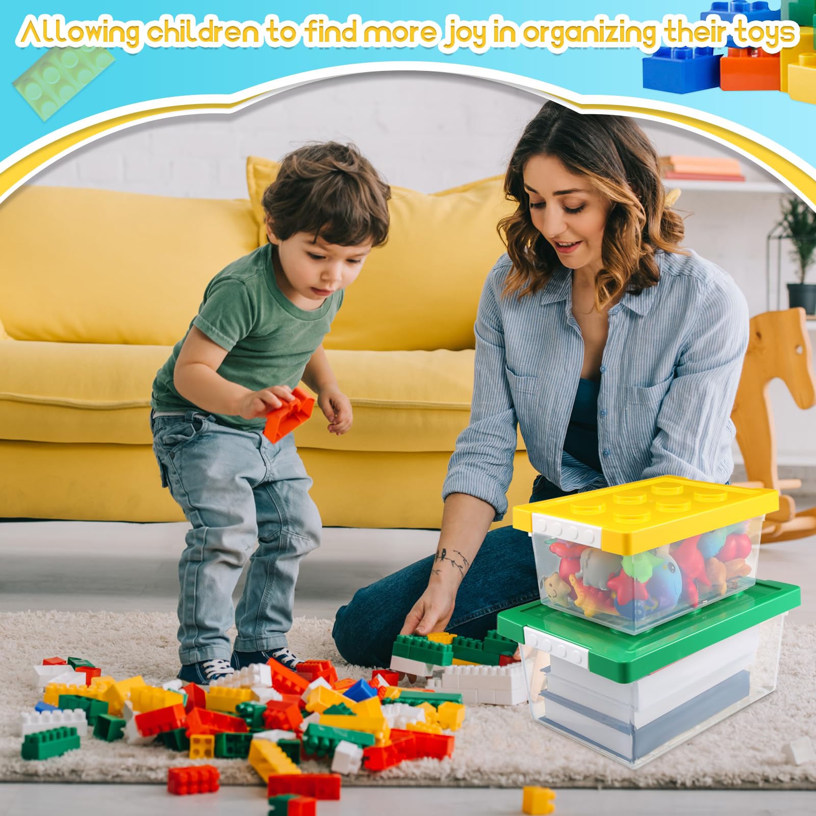 Vicenpal Aufbewahrungsbehälter für Bauspielzeug mit Deckel, Ziegelform, Kinderspielzeug, Organizer, Boxen, Kunststoff, transparent, stapelbar, Spielzeugbehälter für Bausteinpuppen (Rot, Gelb, Blau