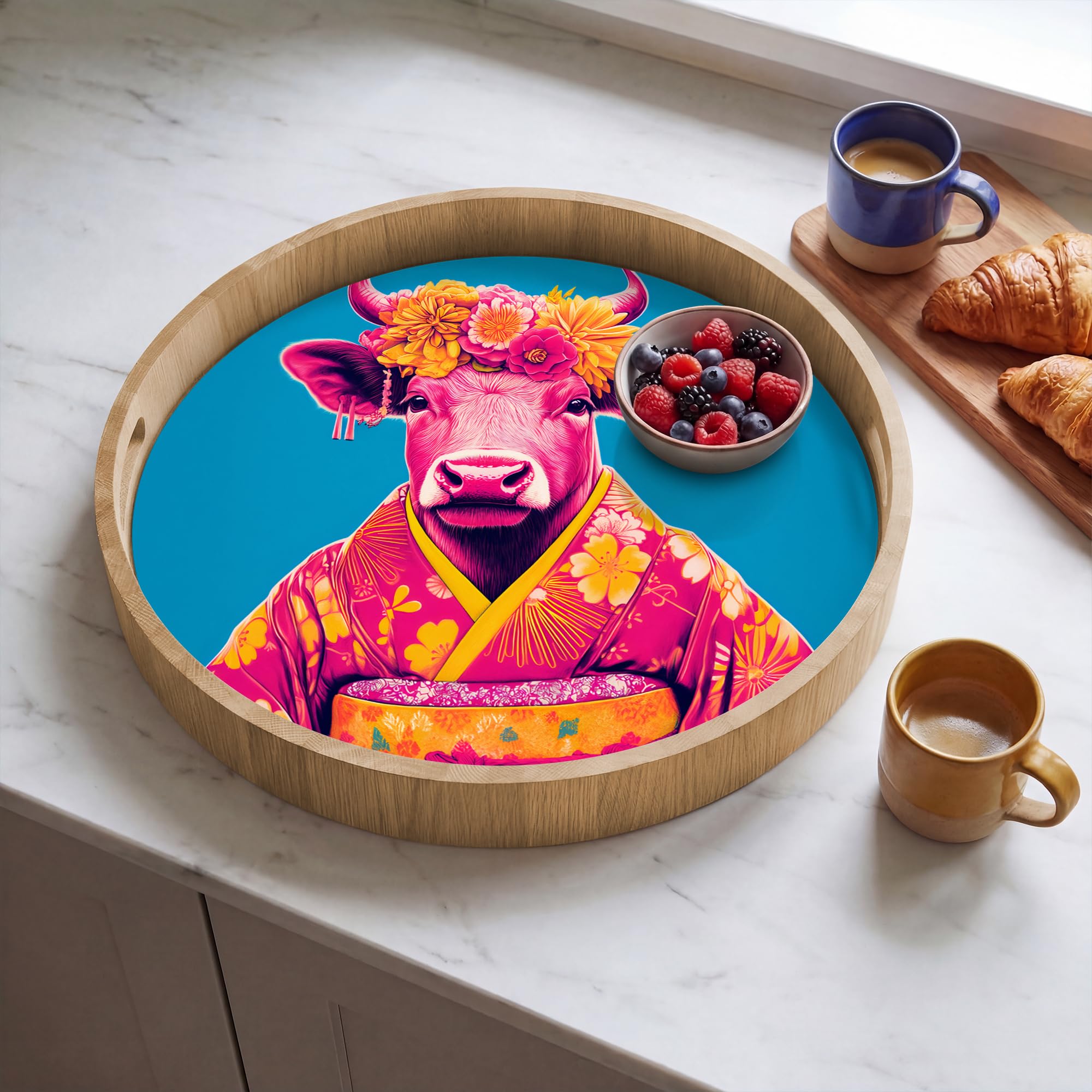 Bandejas De Madera Redonda 50x50 cm Bandeja para Servir Roble Decorativa Resistente A Los Arañazos Tabuleiro Diseño Desayuno Vaca - Corona Flores - Pendientes - Kimono