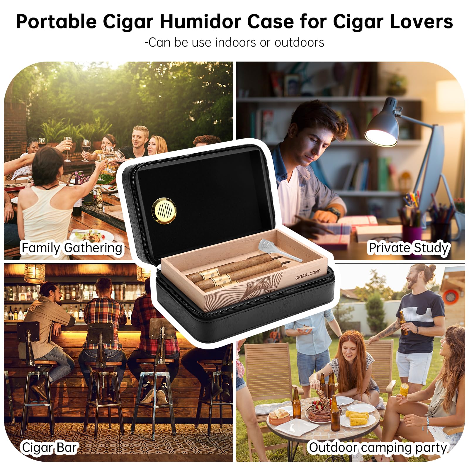 Zigarren-Humidor, Zigarrenetui aus Leder mit Zedernholzregal, tragbarer Reise-Zigarren-Humidorkoffer mit Luftbefeuchter, kann 10 Zigarren aufnehmen (Schwarz)