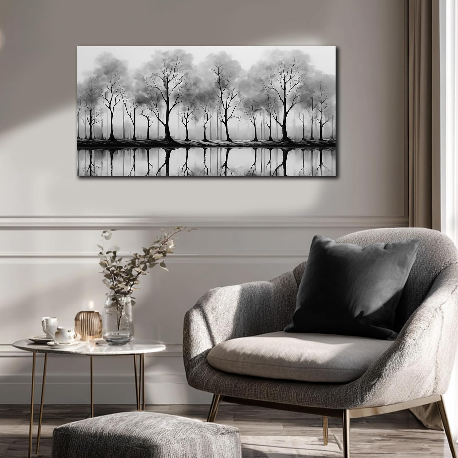 AUUZAIUA Misty Forest Wall Art for Living Room Black and White Trees Reflection Landscape Large Artwork for Bedroom Office Canvas Prints 20"x40"