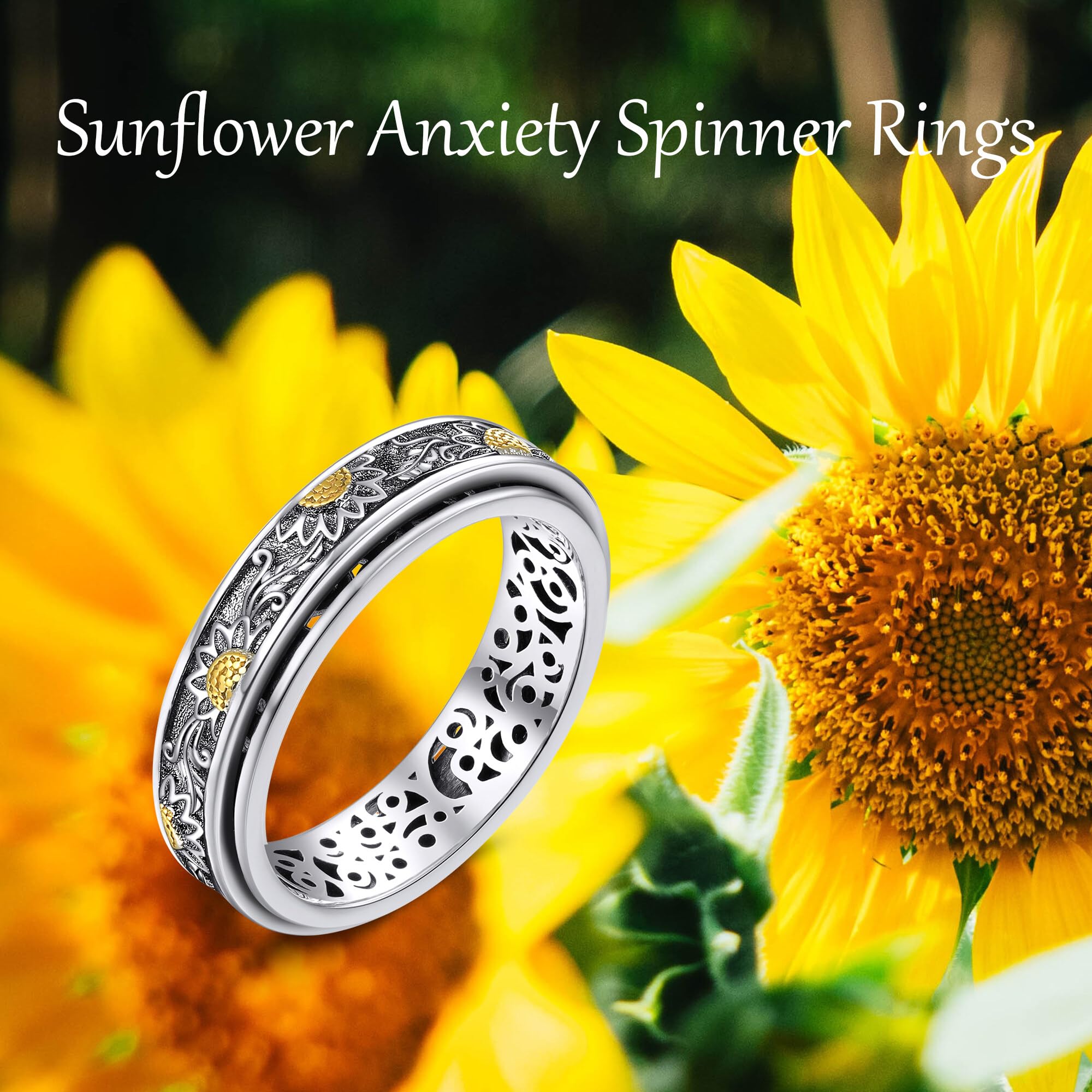 Anillo giratorio de girasol de plata de ley con flores para aliviar el estrés para mujeres, regalo para mujeres