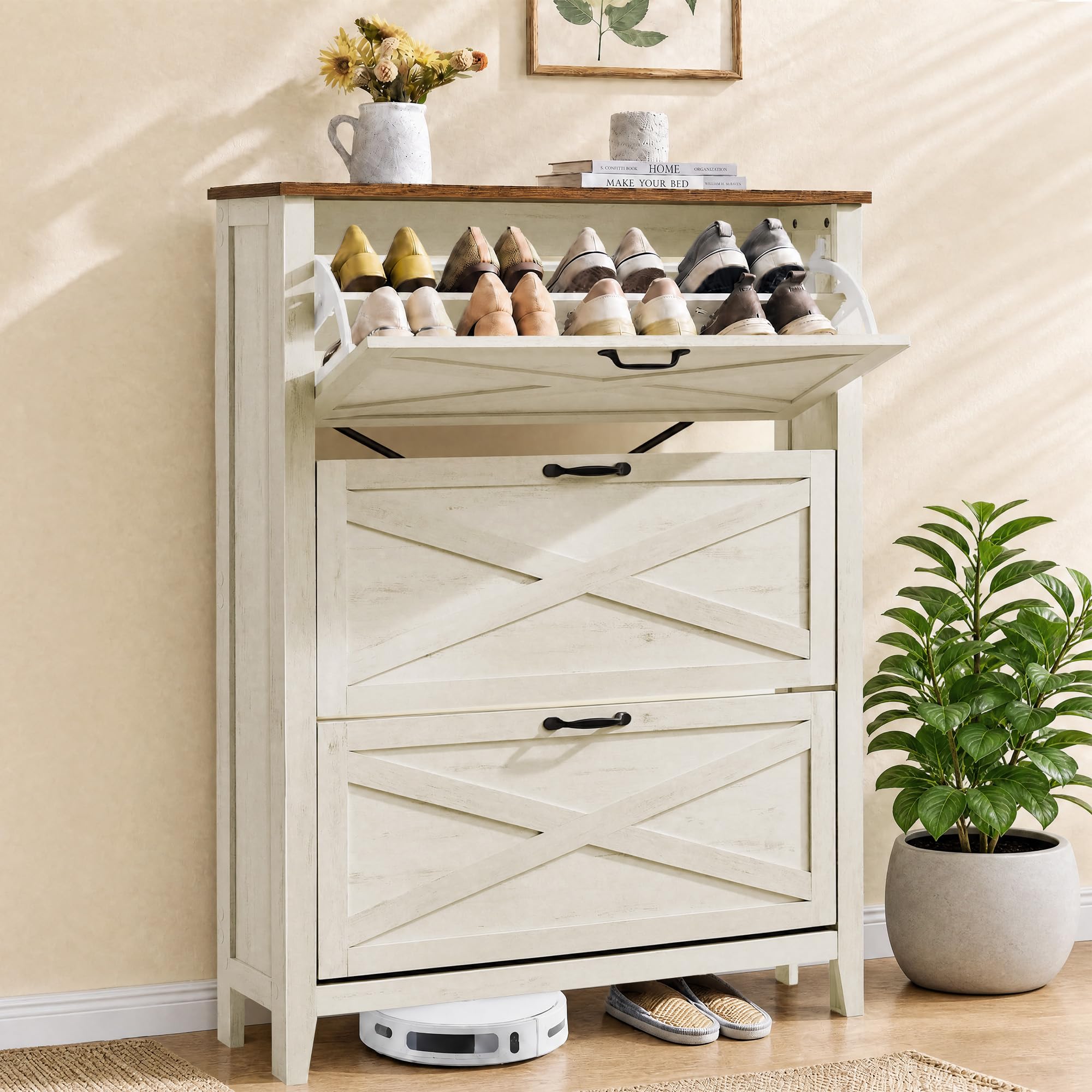 VASAGLE Farmhouse Shoe Cabinet, Narrow Storage Organizer, 3 Flip Drawers
