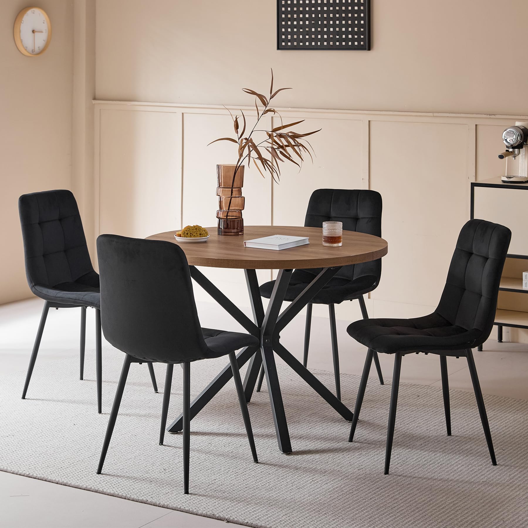 Set Sala da Pranzo, Tavolo da Pranzo Rotondo 100cm con 4 Sedia da Pranzo Imbottita in Vello Olandese, Ideale per Cucina, Soggiorno, Sala da Pranzo (Legno Scuro+Nero (Vello Olandese))