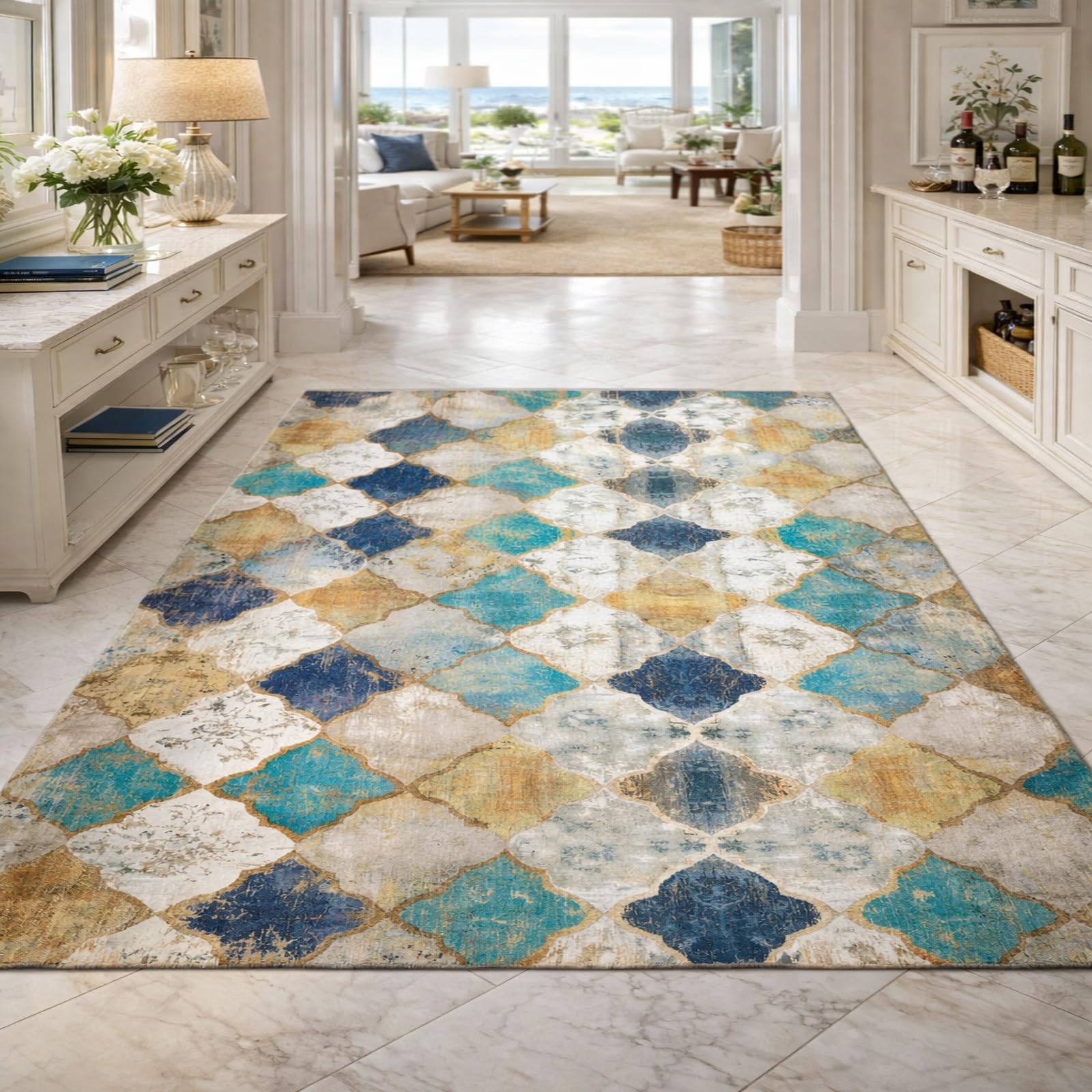 Tapis antidérapant poils ras 170x240cm lavable pour salle à manger et salon bleu
