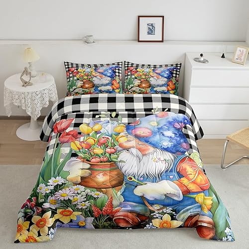 Miniatura 2 de Juego de edredón de gnomo floral de tulipán, tamaño King, juego de ropa de cama de flores de tulipán de primavera, decoración de dormitorio, relleno