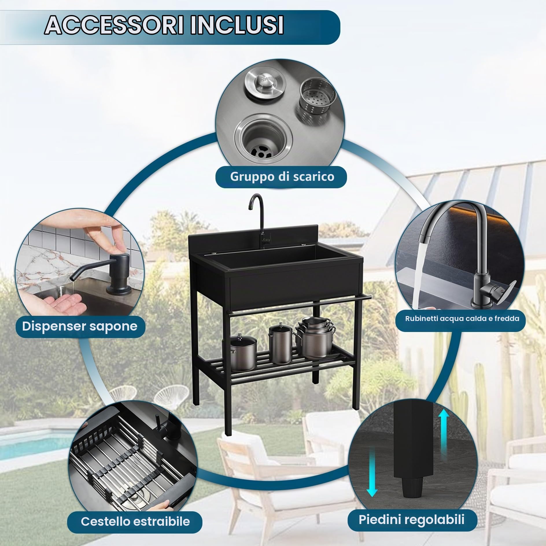 Lavandino da Esterno in Acciaio Inox,Lavello da Cucina Portatile con Mobile,Lavabo Nero da Giardino 1 vasche Autoportante,con Rubinetti Freddi e Caldi,per Lavanderia,Ristorante,Commerciale(66x51x94cm)