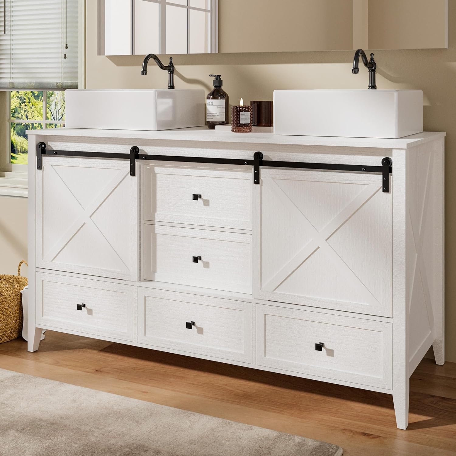 VNN 60 Inch Double Sink Bathroom Vanity with two white vessel sinks and sliding barn doors