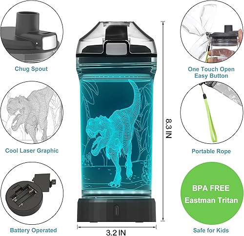 Miniatura 5 de Lightzz Botella de agua de dinosaurio, juguetes de dinosaurio para niños de 5-7, 8-12 con luz brillante 3D, regalos de dinosaurio para niños,