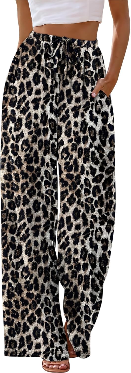 Sampeel Wide Leg Pants for Women Flowy Palazzo Drawstring Elastic Waist Trousers with Pockets Summer Beach Vacation Clothes - Image 2