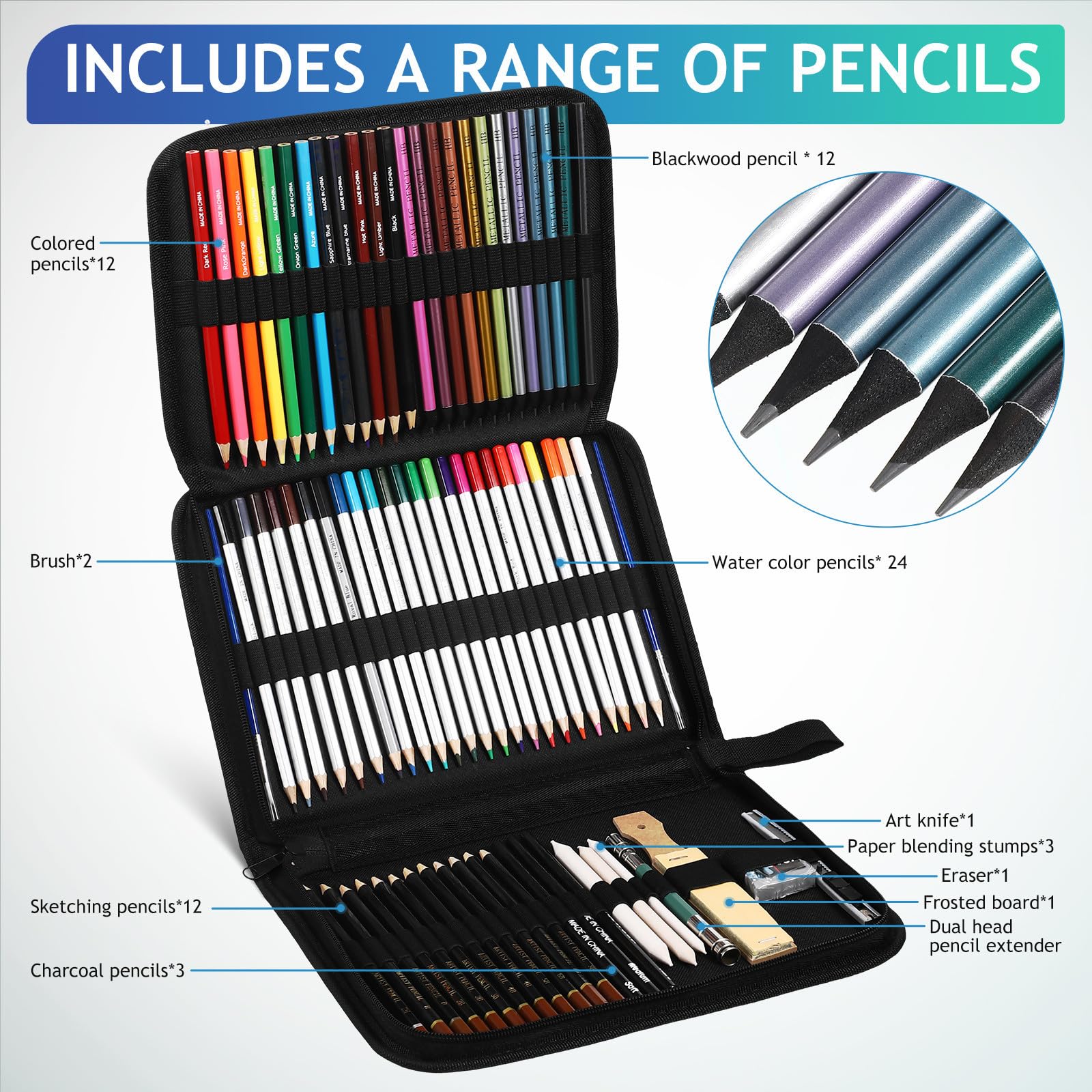 Set di Matite Colorate Acquerellabili Astuccio Zip, Matite in Legno per Shading e Disegno, Accessori Pratici e Portabilità Comoda per Artisti