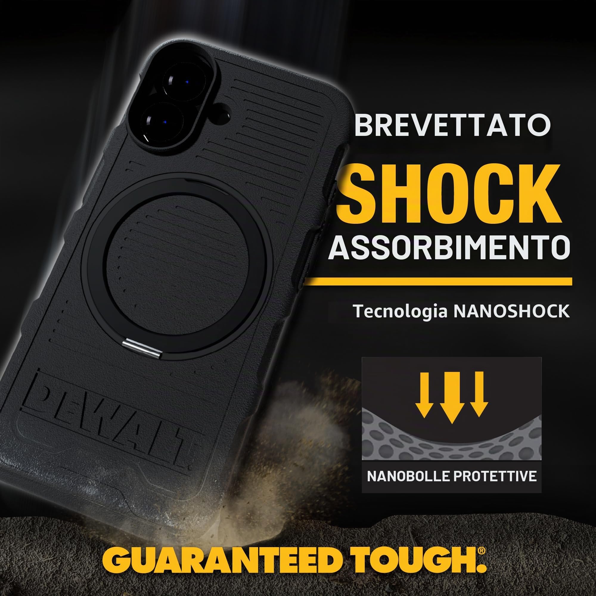 DEWALT Anello magnetico girevole a 360° per iPhone 16 Pro Max, resistente protezione contro le cadute adatta per MagSafe con supporto e anello supporto, nanobolle antiurto per iPhone 16 Pro Max,