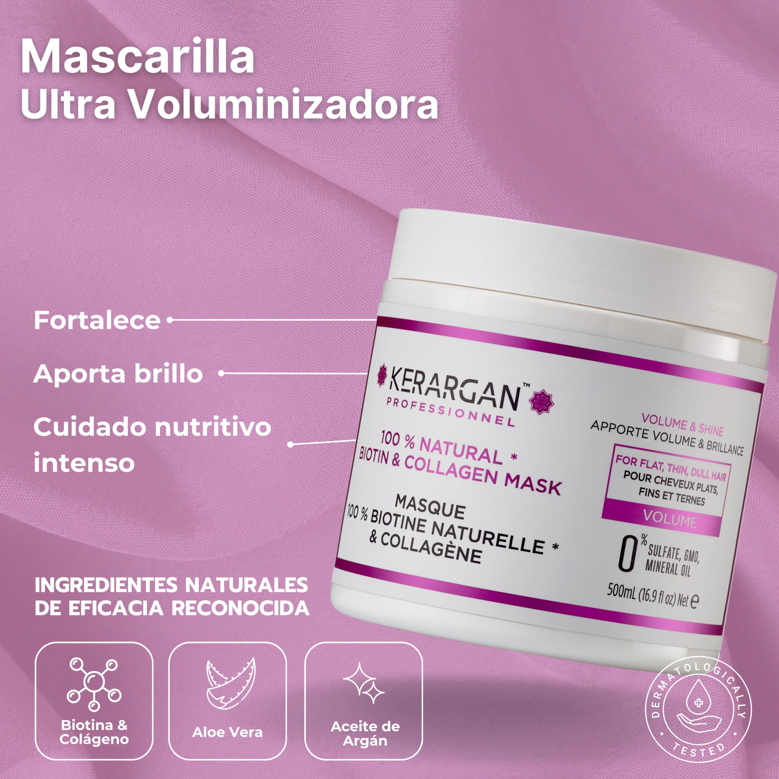 Kerargan - Conjunto Voluminizador Champú, Acondicionador, Mascarilla, Sérum & Leave-In con Biotina & Colágeno - para Cabello Fino y Sin Vida - Sin Sulfatos, OMG, Silicona - 3x500ml+1x100ml+1x350ml | Champú, acondicionador, mascarilla, sérum y cuidado sin