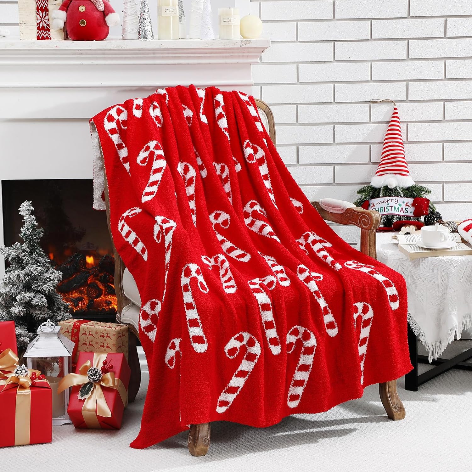 Buryeah Christmas Candy Cane Knit Throw Blanket, 50 x 60 Inch Peppermint Red and White Xmas Reversible Knitted Throw Blanket, Cozy Lightweight Soft Gift for Couch Sofa Bed