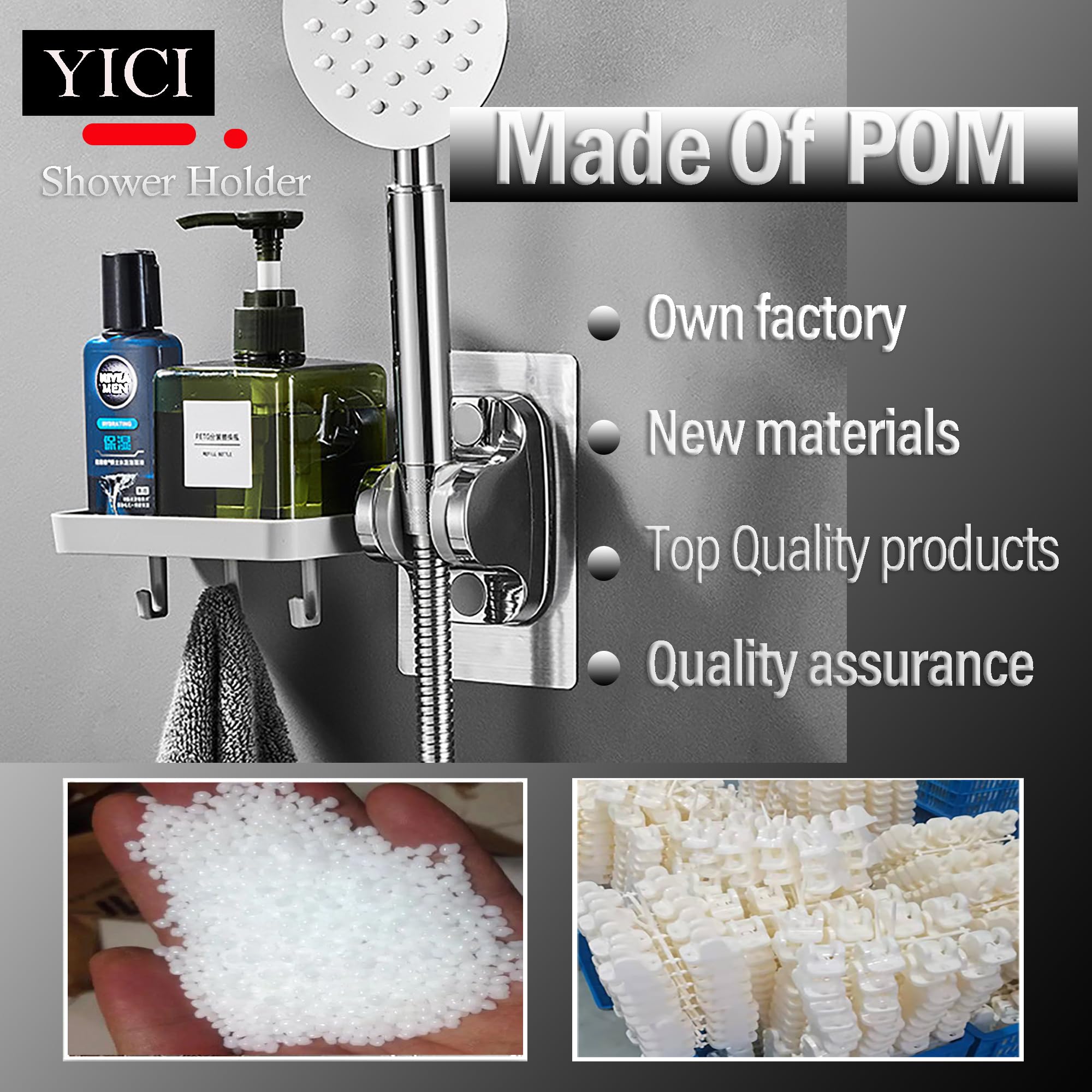 YICI Supporto per soffione doccia regolabile - Portasapone da parete per doccia con 3 ganci, supporto per doccia con adesivo resistente, supporto per tubo flessibile per doccia Materiale POM, argento
